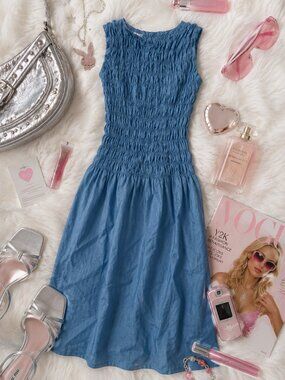 Linenfox Blue Smocked Linen Midi Dress Sleeveless Size XS